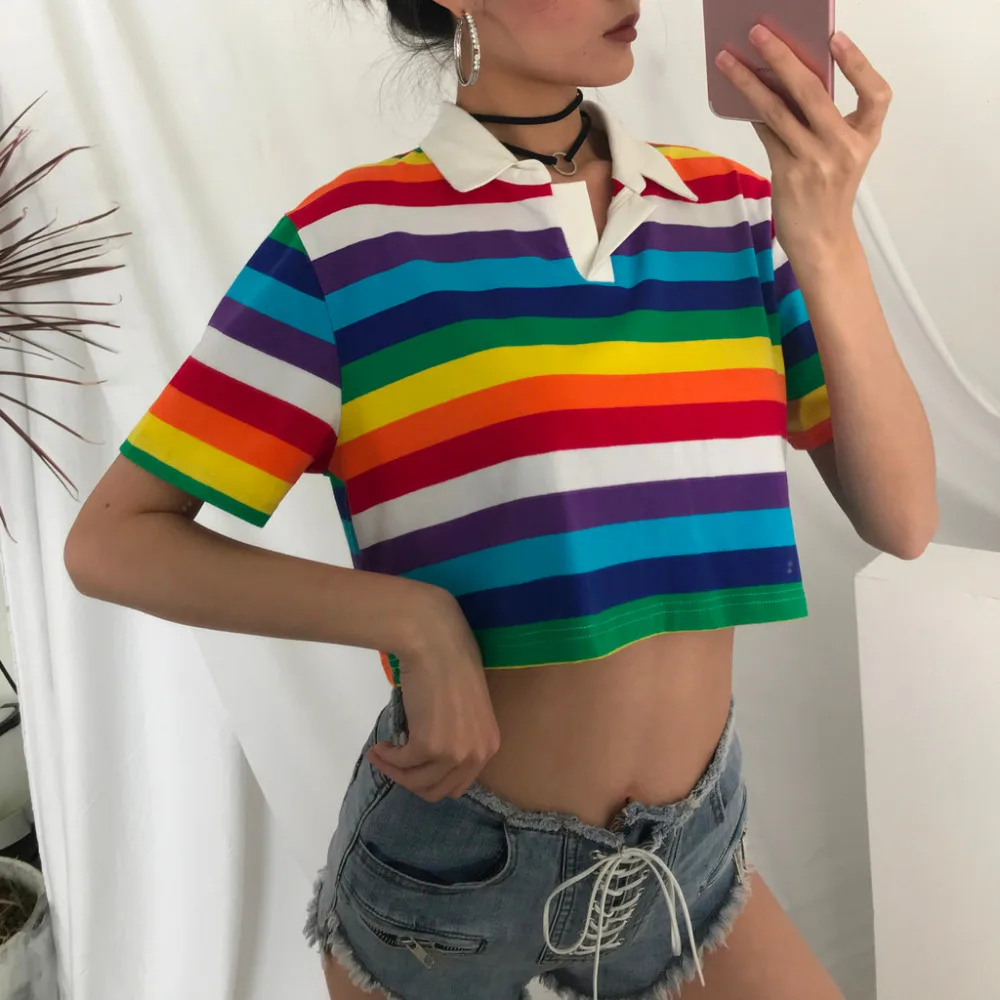 Turn-down Collar Short Sleeve Rainbow Striped Print tshirt korean clothes for women womens t shirts fashion 2018 womens clothing
Turn-down Collar Short Sleeve Rainbow Striped Print tshirt korean clothes for women womens t shirts fashion 2018 womens clothing