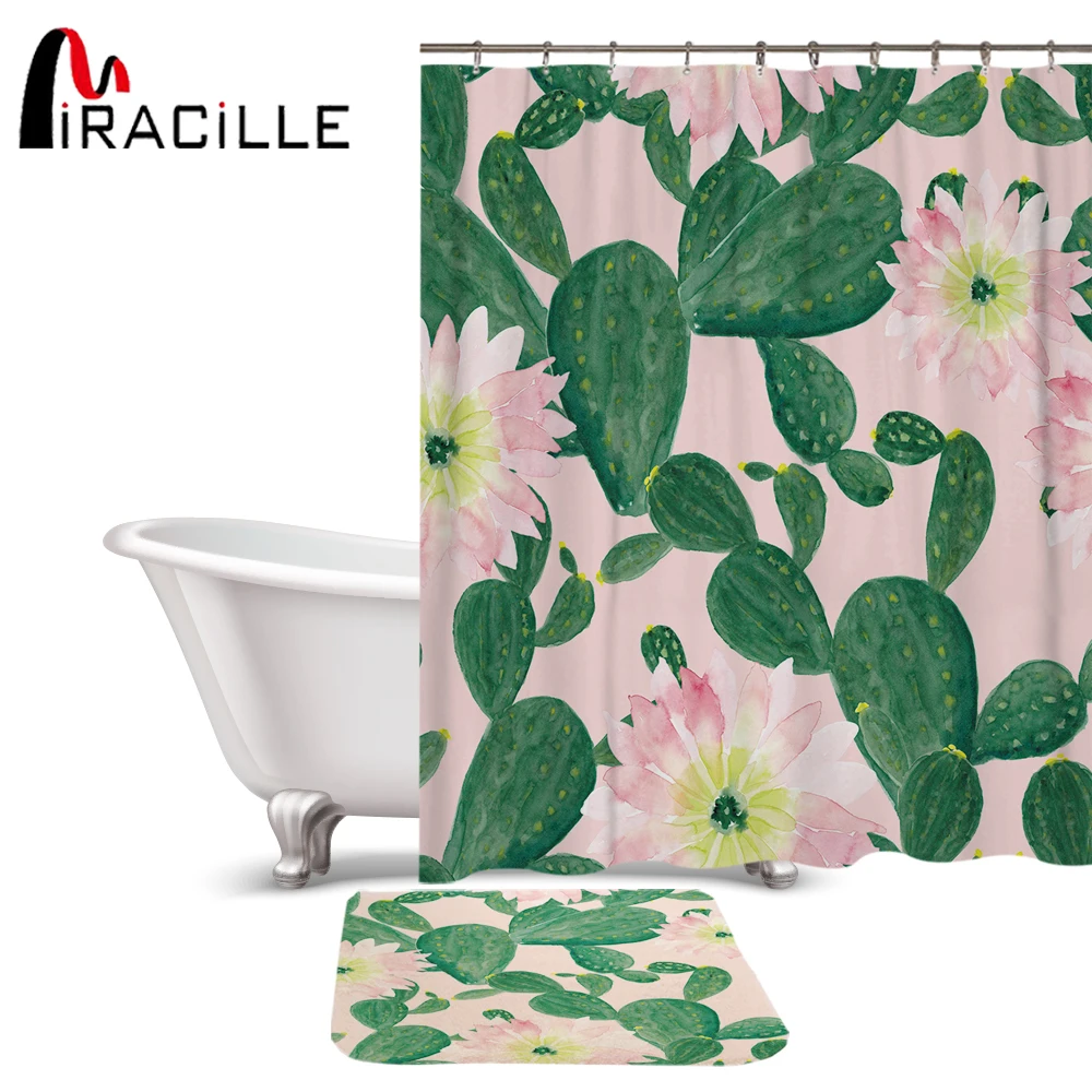 

Miracille Tropical Cactus Shower Curtain Waterproof Polyester Fabric Bath Curtain and Mat For Bathroom Decorate 12 Hooks