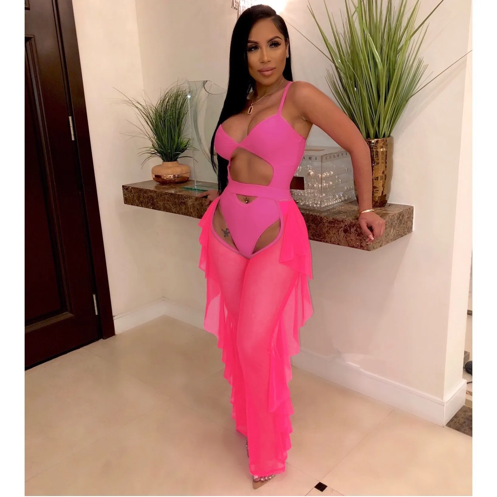 Women Sexy Mesh Ruffle Two Piece Set Bodysuit Bodycon Jumpsuit Overalls Top Wide Leg Pants Beach Suits
Women Sexy Mesh Ruffle Two Piece Set Bodysuit Bodycon Jumpsuit Overalls Top Wide Leg Pants Beach Suits