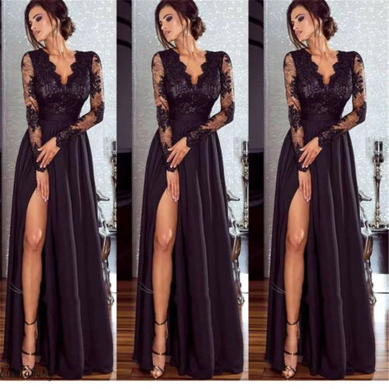 2019 New Women's Casual V neck Lace Long Sleeve High Split Party Dresses Sexy Maxi Dress
2019 New Women's Casual V neck Lace Long Sleeve High Split Party Dresses Sexy Maxi Dress