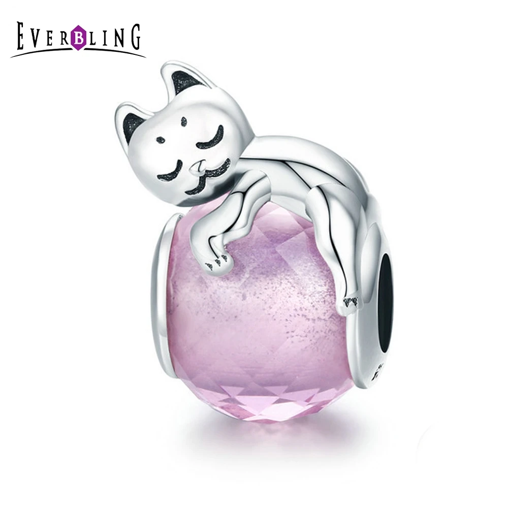 Everbling милый кот киска с большой розовый CZ 100% 925 пробы Серебряный Шарм бусы