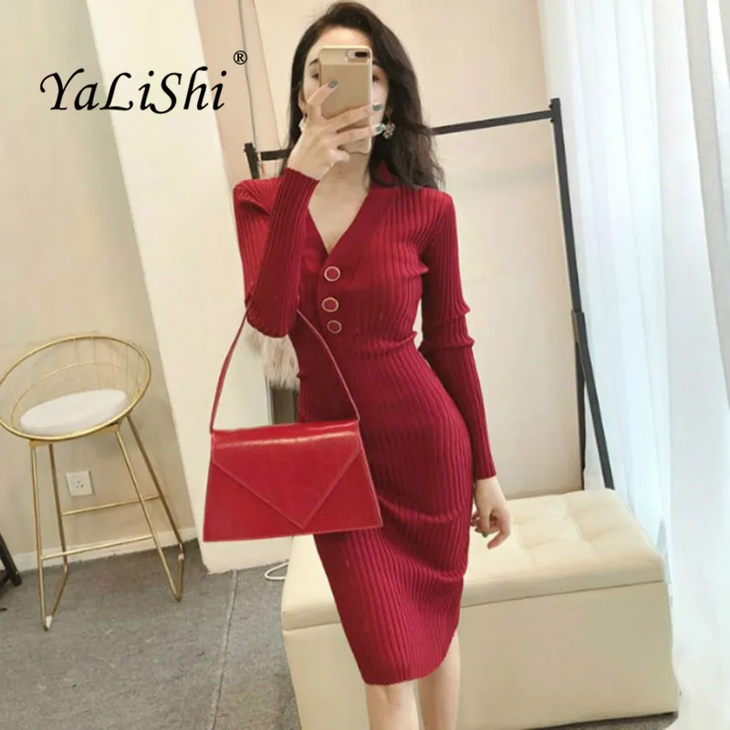 Women Solid Pencil Dress Black Pink Red Full Sleeve V-neck Knee-length Elegant Office Lady Knitting Dress Autumn Casual Dresses
Women Solid Pencil Dress Black Pink Red Full Sleeve V-neck Knee-length Elegant Office Lady Knitting Dress Autumn Casual Dresses