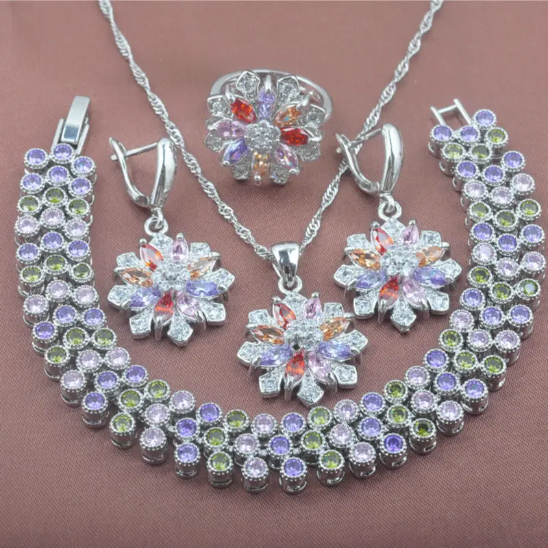 Multicolor Zircon Flower Design Women's 925 Sterling Silver Crystal Jewelry Sets Bracelet Necklace Pendant Earrings Ring YZ0275
Multicolor Zircon Flower Design Women's 925 Sterling Silver Crystal Jewelry Sets Bracelet Necklace Pendant Earrings Ring YZ0275