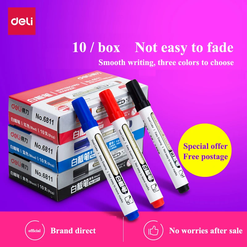 10PCS/BOX Wholesale Deli 6811 Whiteboard marker Whiteboard pen smooth writing easy erase Black Blue Red 3 colors
10PCS/BOX Wholesale Deli 6811 Whiteboard marker Whiteboard pen smooth writing easy erase Black Blue Red 3 colors