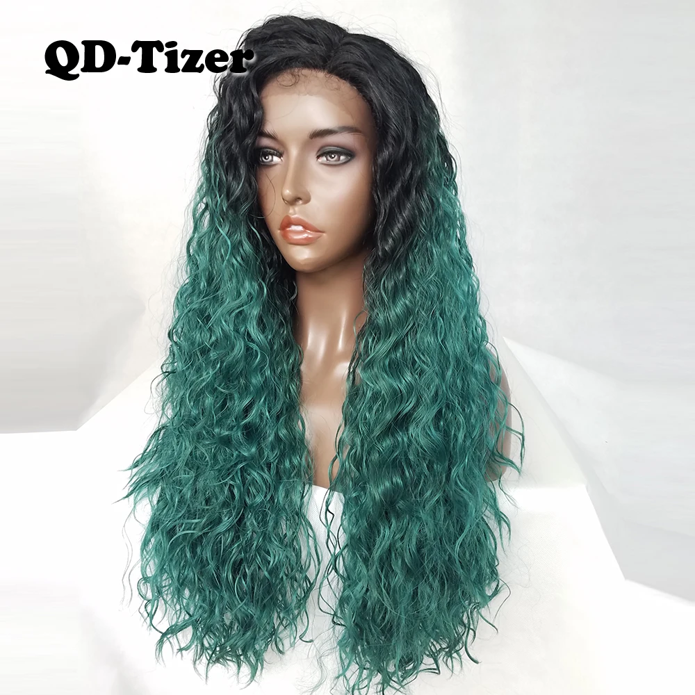 QD-Tizer Long Loose Curly Hair Two Tone Ombre Lace Front Wigs Glueless Green Color Synthetic Wig for Women | Шиньоны и парики