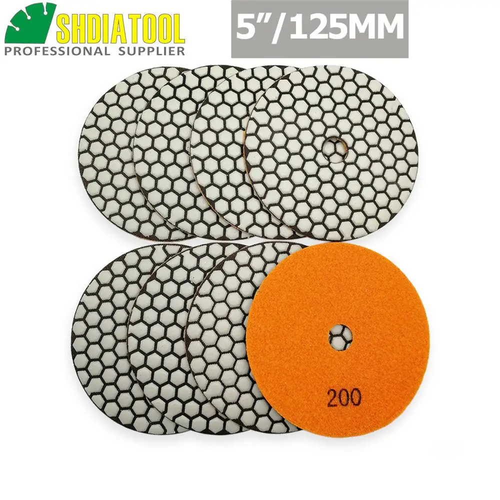 SHDIATOOL 8pcs 5" #200 B Diamond Dry Polishing Pads Diameter 5inch Resin Bond Flexible Sanding Disc For Granite Marble Ceramic
SHDIATOOL 8pcs 5" #200 B Diamond Dry Polishing Pads Diameter 5inch Resin Bond Flexible Sanding Disc For Granite Marble Ceramic