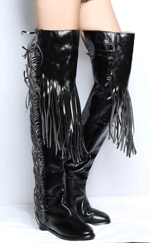 

Bota feminina balck patent leather thigh high fringe rain boots crotch sexy overknee pointed toe long ladies boots shoes woman