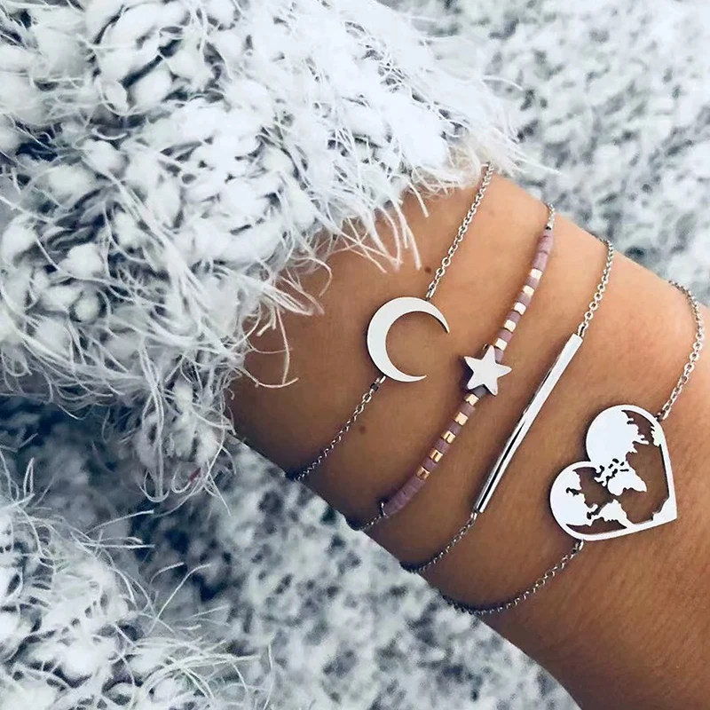 4 Pcs/ Set Exquisite Female Heart Map Moon Stars Chain Silver Beads Bracelet Set Fashion Classic Clothing Jewelry Accessories
4 Pcs/ Set Exquisite Female Heart Map Moon Stars Chain Silver Beads Bracelet Set Fashion Classic Clothing Jewelry Accessories