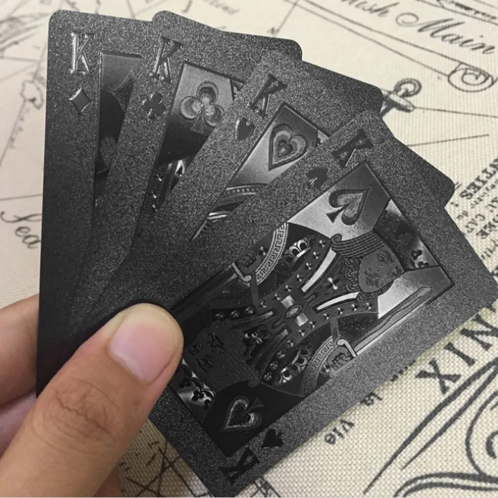 54pcs/pack Gold Foil Poker Novelty Collection Waterproof PVC Plastic Playing Cards Set Solid Color Black Board Game Drop Ship
54pcs/pack Gold Foil Poker Novelty Collection Waterproof PVC Plastic Playing Cards Set Solid Color Black Board Game Drop Ship