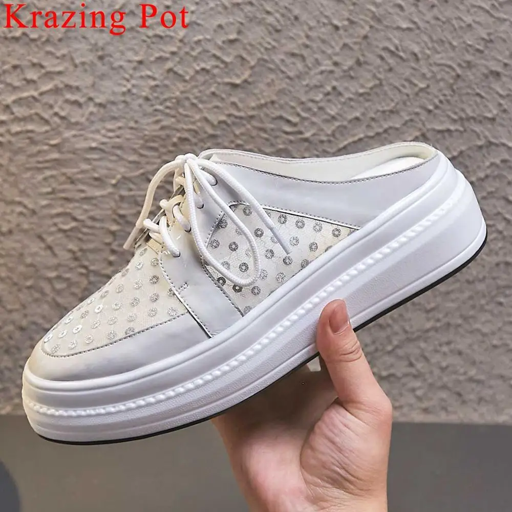 Krazing Pot 2019 ventilated mesh cow patent leather round toe flat platform slip on mules med bottom bowtie vulcanized shoes L31
Krazing Pot 2019 ventilated mesh cow patent leather round toe flat platform slip on mules med bottom bowtie vulcanized shoes L31