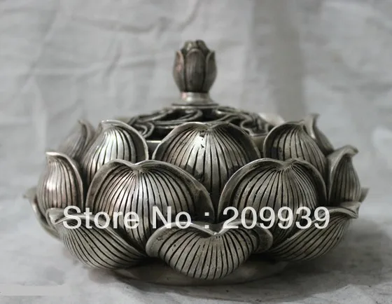 

00908 Chinese Folk Culture HandMade Silver Bronze statue lotus flower incense burner