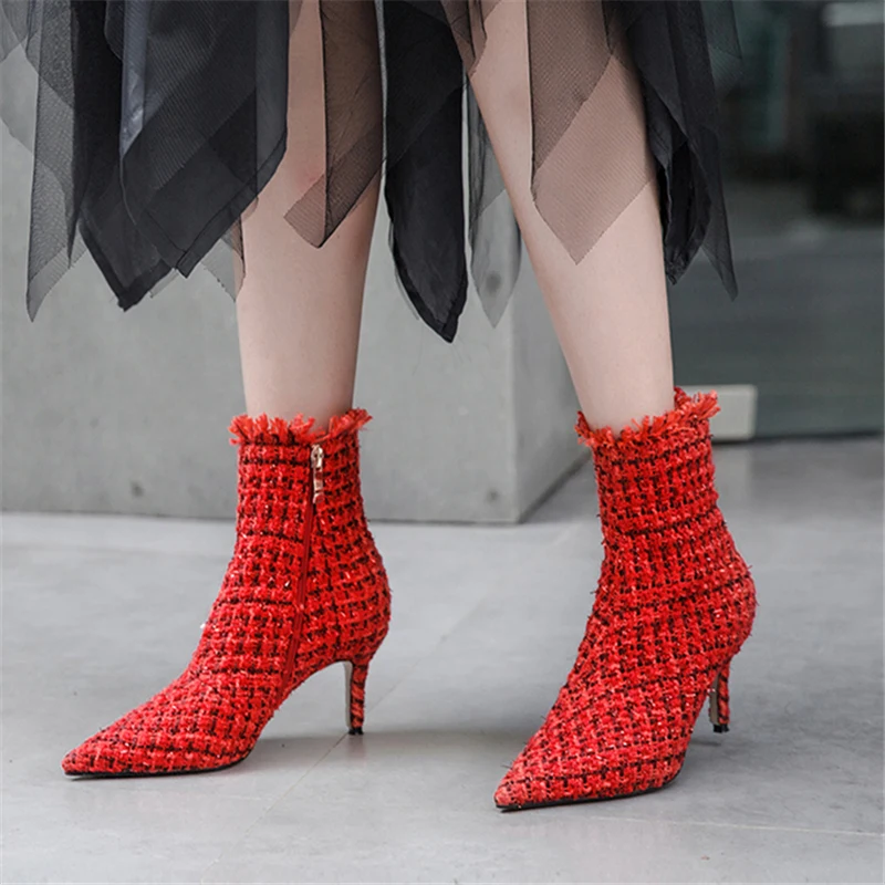Women's Slim Mid heel shoes Pointy toe Zip Grid Casual Ankle boots plaid vogue Red Black H15
Women's Slim Mid heel shoes Pointy toe Zip Grid Casual Ankle boots plaid vogue Red Black H15