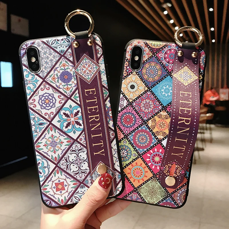 8 SoCouple Wrist Strap Soft TPU Phone Case For iphone 7 8 6 6s plus Case For iphone X Xs max XR Vintage Flower Pattern Holder Case