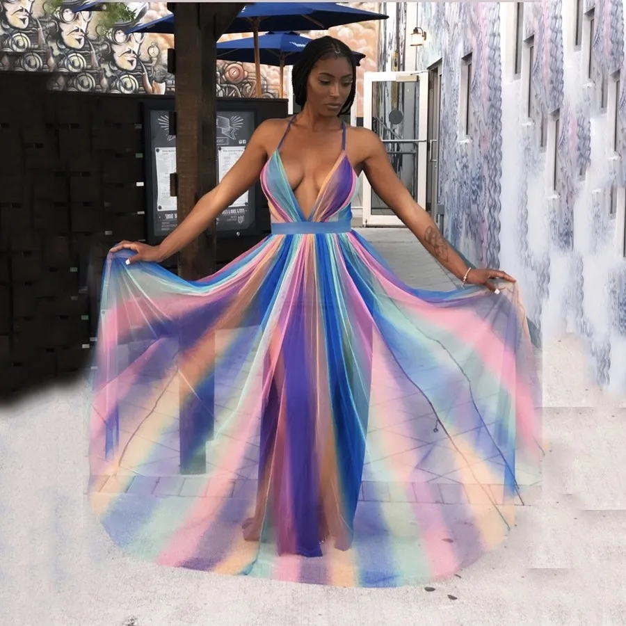 2019 Gradient Rainbow Summer Beach Dress Women Chiffon Spaghetti Strap Maxi Dress V Neck Backless Sexy Party Dress Vestidos
2019 Gradient Rainbow Summer Beach Dress Women Chiffon Spaghetti Strap Maxi Dress V Neck Backless Sexy Party Dress Vestidos