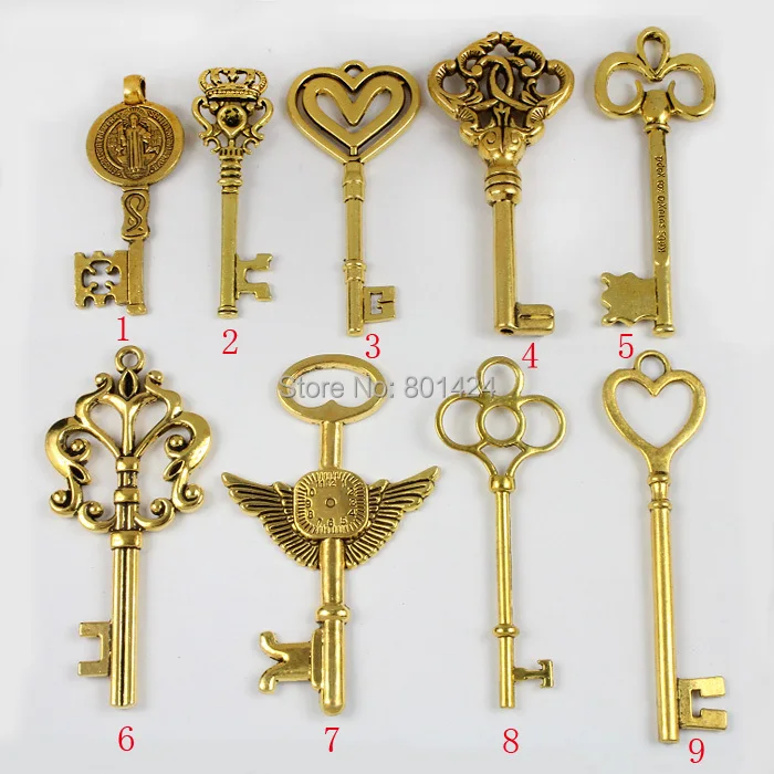 1lot 64-1057 Mixed Antique golden alloy heart crowm angel wing Key Charms Pendants approx 70mm |
