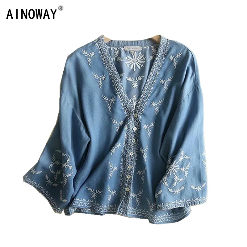 Vintage chic women Floral embroidery beach bohemian denim blouse shirt half sleeve v-neck single breasted loose Boho shirts
Vintage chic women Floral embroidery beach bohemian denim blouse shirt half sleeve v-neck single breasted loose Boho shirts