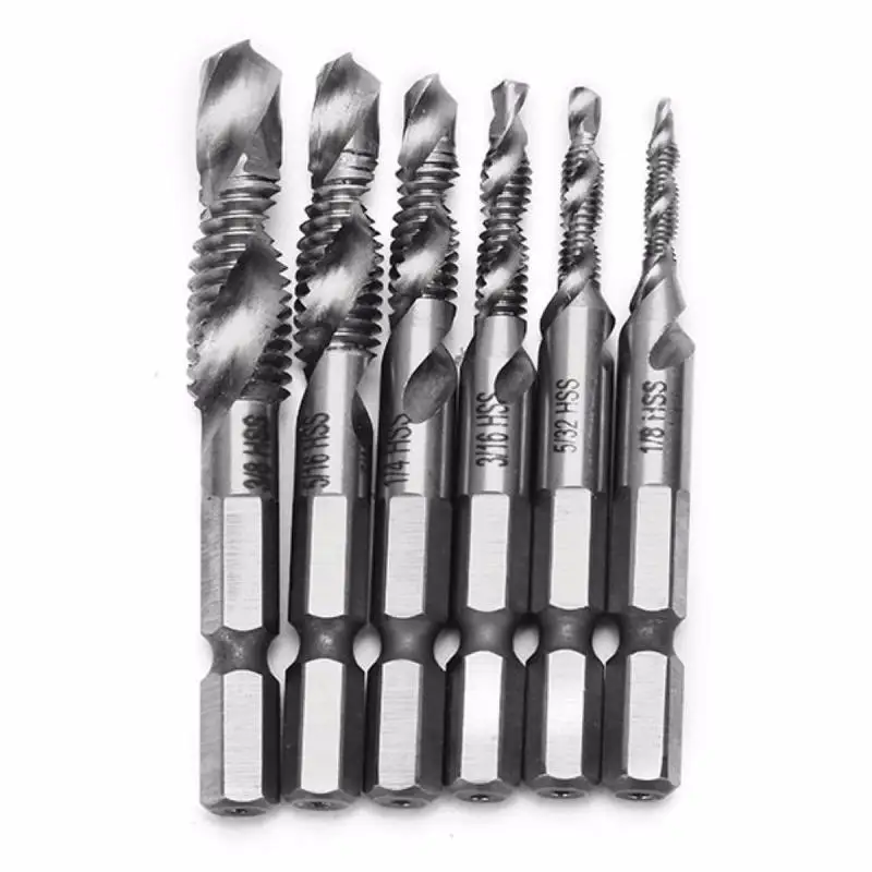 6pcs 1/8-3/8 Inch BSW Thread HSS Combination Drill Tap Bit Set 1/4 Inch Hex Shank Deburr Countersink Bits
6pcs 1/8-3/8 Inch BSW Thread HSS Combination Drill Tap Bit Set 1/4 Inch Hex Shank Deburr Countersink Bits
