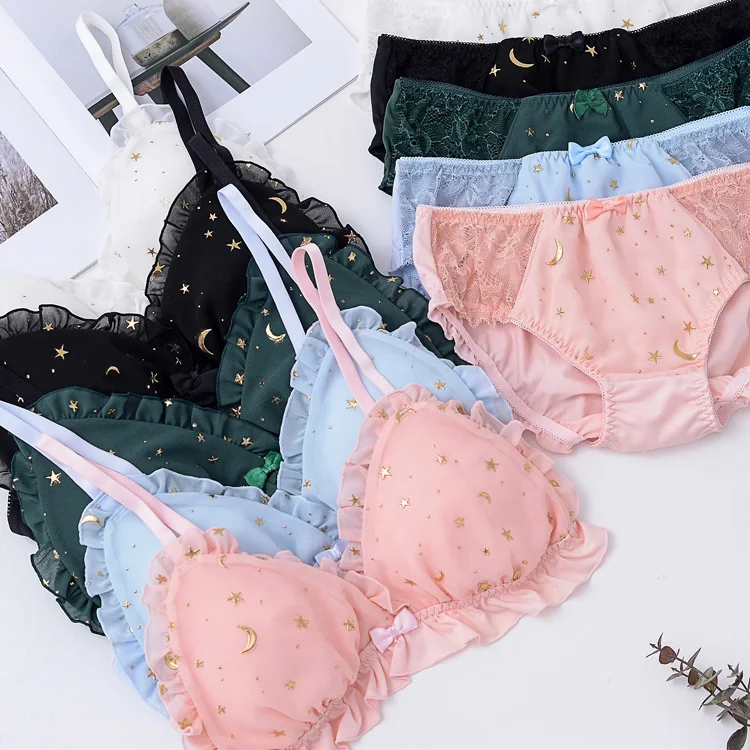 5 Colors Star Moon Cute Bra & Panties Set Ruffles Trim Wirefree Chiffon Soft Underwear Sleep Intimates Set Kawaii Lolita
5 Colors Star Moon Cute Bra & Panties Set Ruffles Trim Wirefree Chiffon Soft Underwear Sleep Intimates Set Kawaii Lolita