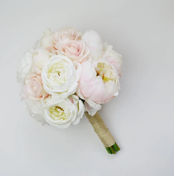 Wedding Bouquet, Silk Wedding Bouquet, Peony Bouquet, Blush Rose Cream Peony