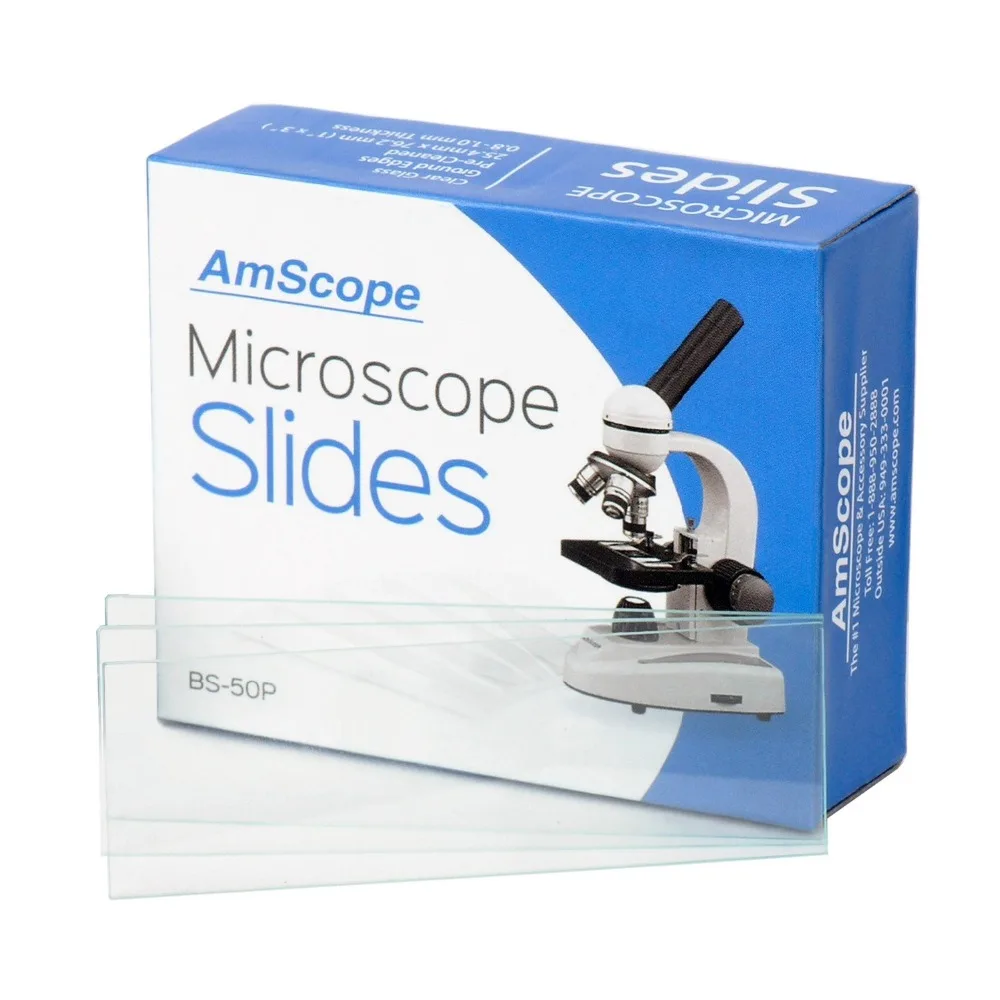 

AmScope 50 Blank Microscope Slide Ground Edges Pre-Cleaned Clear Glass Microscope Slides BS-50P