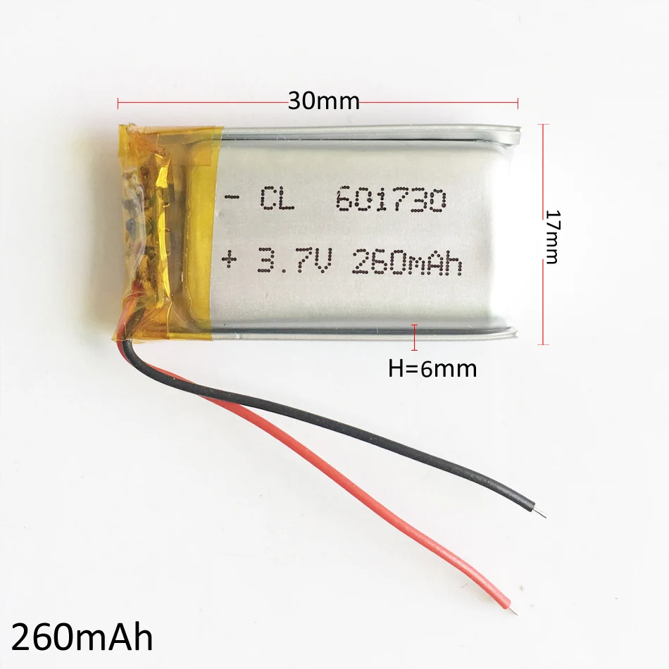 3.7V 260mAh 601730 Lithium Polymer Li-Po Rechargeable Battery Handheld Navigator Battery for Mp3 GPS bluetooth Camera PSP
3.7V 260mAh 601730 Lithium Polymer Li-Po Rechargeable Battery Handheld Navigator Battery for Mp3 GPS bluetooth Camera PSP
