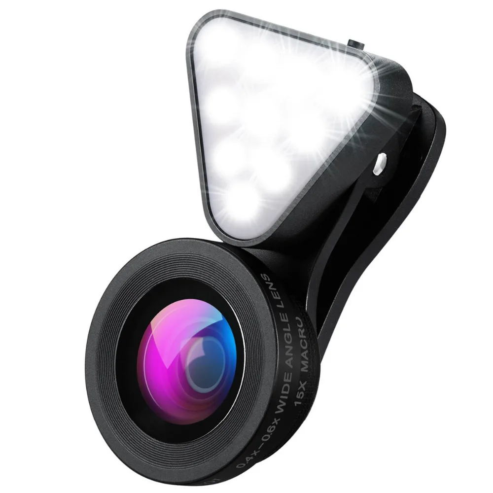 

Luxury LED Selfie Flash Light Beauty Phone Lens Fill Light 0.4-0.6X Wide Angle 10X Macro Lens For iPhone 6 7 8 X All Smartphone