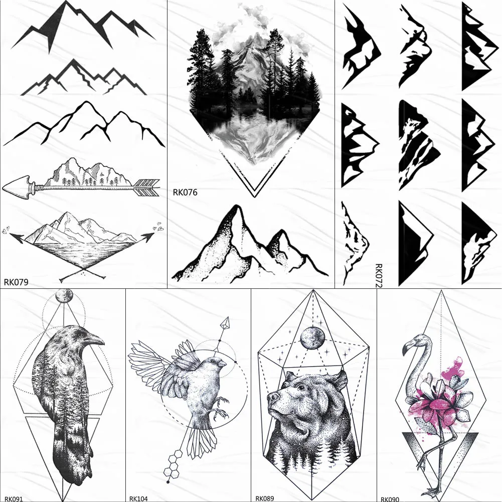 

OMMGO Black Mountain Peak Arrow Temporary Tattoo Sticker Geometric Small Forest Tattoos Body Art Arm Women Men Fake Tatoos Paper