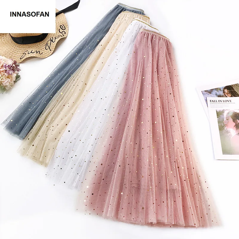 INNASOFAN Tulle Skirt Womens Spring-Autumn skirt high waist Euro-American fashionable graceful long skirt with glittering stars
INNASOFAN Tulle Skirt Womens Spring-Autumn skirt high waist Euro-American fashionable graceful long skirt with glittering stars