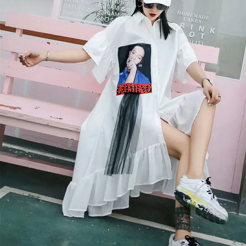Female High Street Mesh Spliced Shirt Dress Big Size Loose Short Sleeve Summer Dress Novely Irregular Dresses vestidos
Female High Street Mesh Spliced Shirt Dress Big Size Loose Short Sleeve Summer Dress Novely Irregular Dresses vestidos