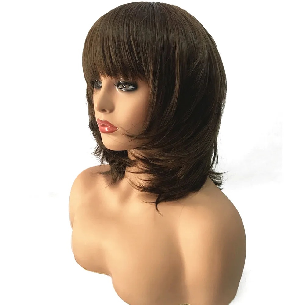 

StrongBeauty Women Synthetic Wig Medium Length Straight Dark Brown/Medium Auburn Layered Haircut Natural Wigs