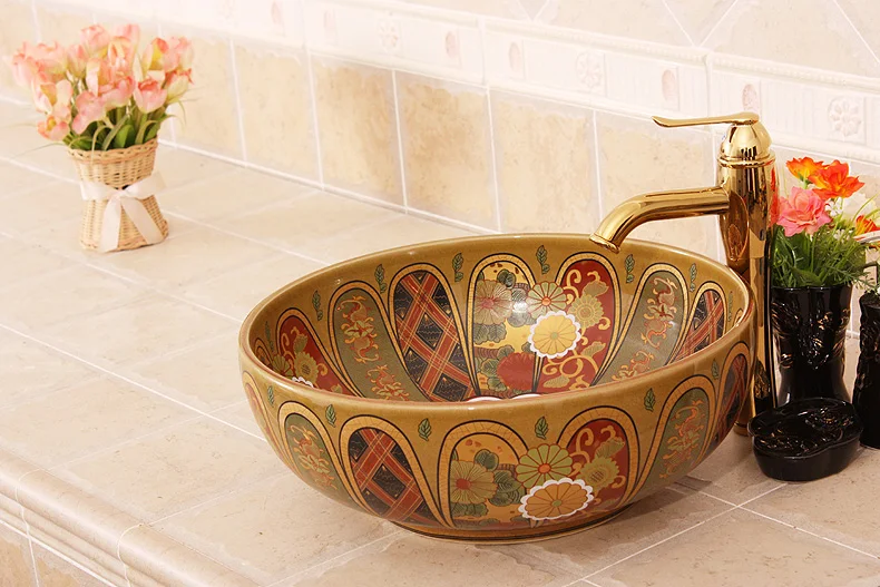 Colourful Handmade Europe Vintage Style Lavobo Ceramic Bathroom Countertop Bathroom Sink hand painted porcelain sink (7)