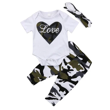 Lovely Infant Baby Clothes Suits LOVE Pattern Print White Romper+Camouflage Color Pants Headband 3pcs Children Clothing Sets
Lovely Infant Baby Clothes Suits LOVE Pattern Print White Romper+Camouflage Color Pants Headband 3pcs Children Clothing Sets