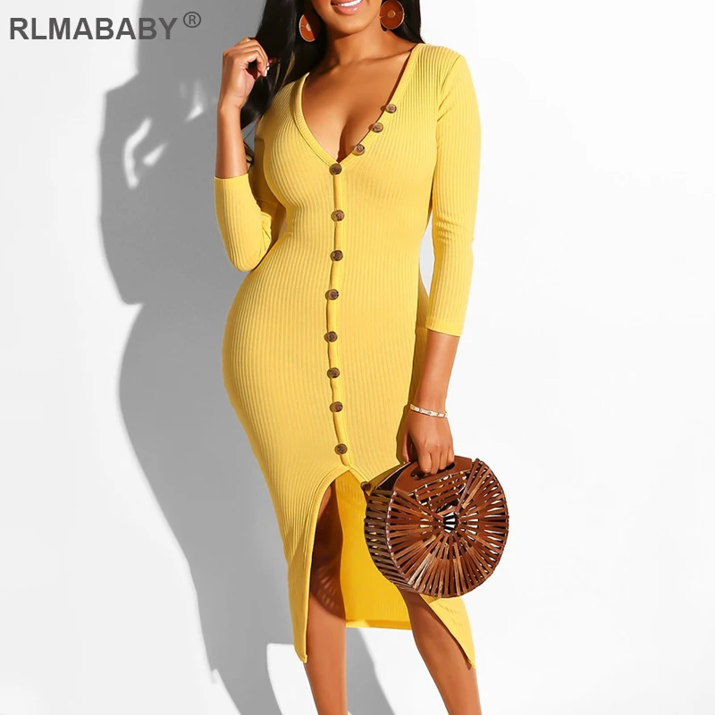 RLMABABY Knitted Ribbed V Neck Button Sexy Long Dress Women Slim Bodycon Party Dress 2019 Autumn Winter Casual Streetwear Dress
RLMABABY Knitted Ribbed V Neck Button Sexy Long Dress Women Slim Bodycon Party Dress 2019 Autumn Winter Casual Streetwear Dress