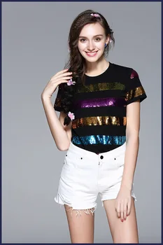2017 Summer New Style Women 's White Or Black Tops Fashion Cotton Sequined Patchwork Short-sleeved T-shirt
2017 Summer New Style Women 's White Or Black Tops Fashion Cotton Sequined Patchwork Short-sleeved T-shirt
