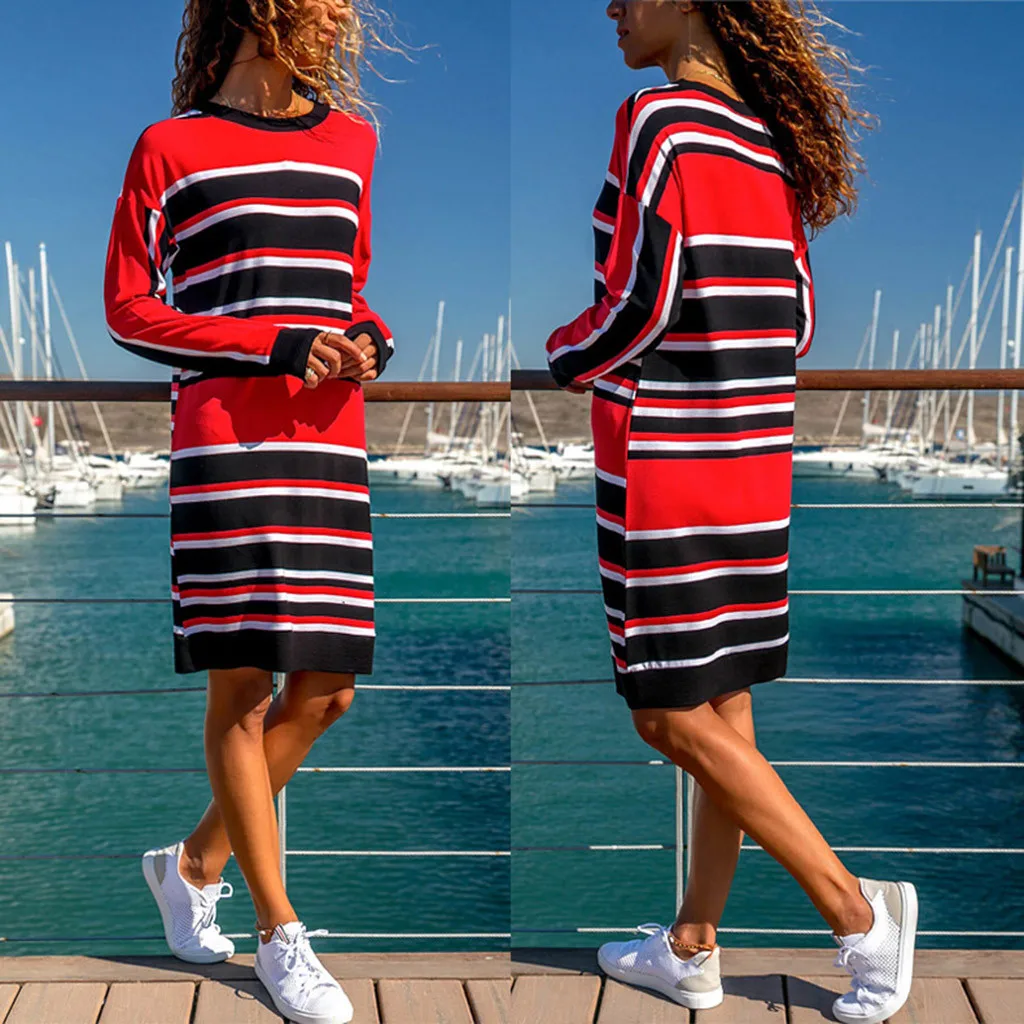 Casual stripe print Women dress Long Sleeve Block Loose Knee-Length Ladies Dress 2019 Autumn winter New Fashion woman clothes
Casual stripe print Women dress Long Sleeve Block Loose Knee-Length Ladies Dress 2019 Autumn winter New Fashion woman clothes