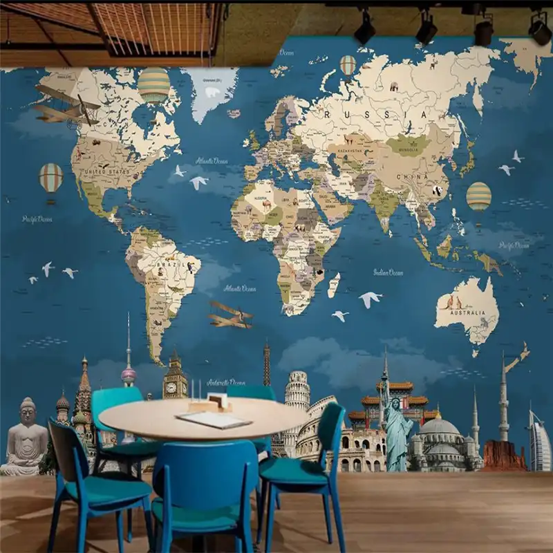 Wellyuカスタム壁紙3d壁画レトロなノスタルジックな世界地図テレビ背景の壁リビングルームグリーン絹の布壁紙 Papel De Parede De Paredelarge Mural Gooum