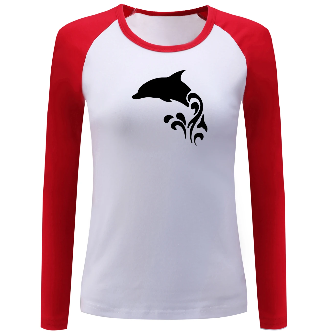 IDzn Harajuku Raglan Sleeve Women's Funny T Shirt Kawaii Dolphin in the Water Pattern Long T-shirt Lady Girl Basic Tops | Женская