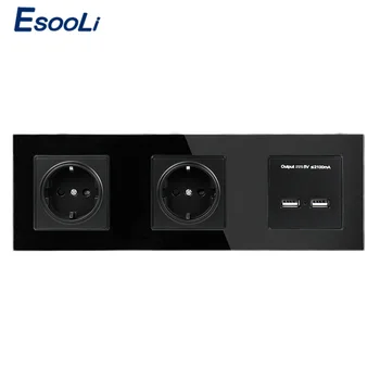 

Esooli Wall Crystal Glass Panel Double Socket 16A EU Electrical Outlet Dual USB Smart Charging Port 5V 2A Output White Color