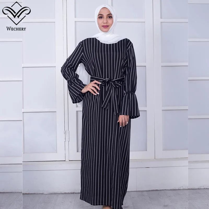 Wechery Women Striped Abaya Fashion Muslim Dress Trumpet Sleeve Black White Long Dresses Islamic Hijab Dress
Wechery Women Striped Abaya Fashion Muslim Dress Trumpet Sleeve Black White Long Dresses Islamic Hijab Dress