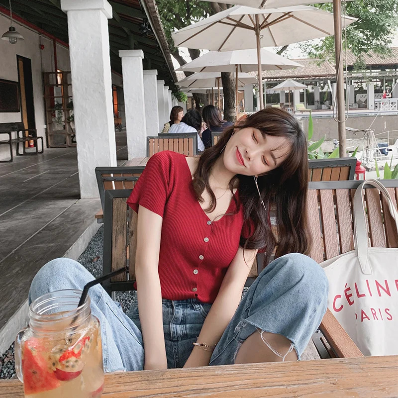 Mishow Women Tops 2019 Summer New Fashion Knitted casual tee Slim Single Breasted short Sleeve solid V Neck T-shirt MX19B5228
Mishow Women Tops 2019 Summer New Fashion Knitted casual tee Slim Single Breasted short Sleeve solid V Neck T-shirt MX19B5228