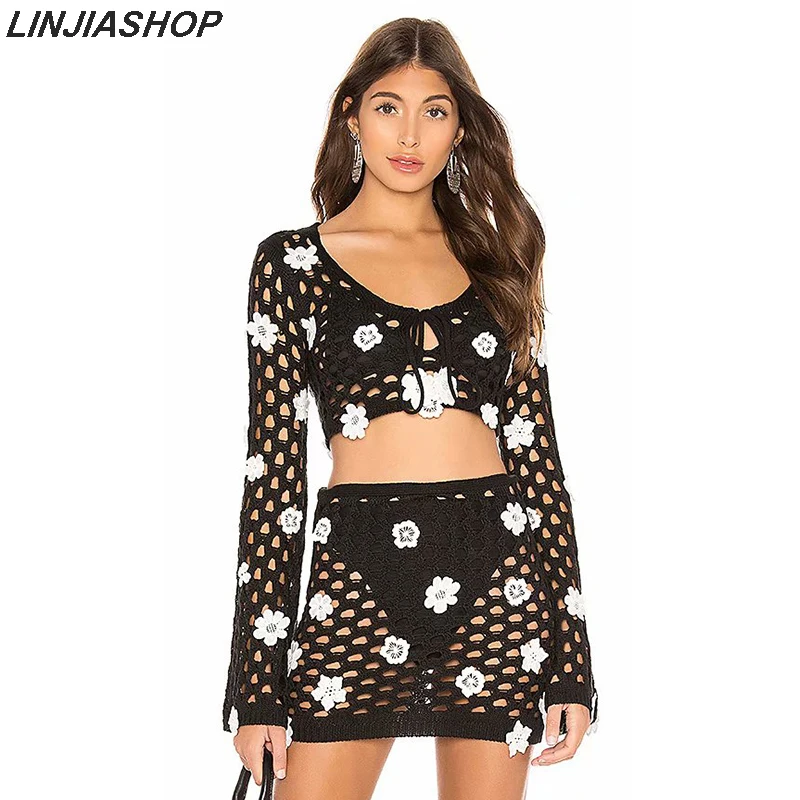 Pure handmade knitted 2 piece set hollow out embroidery floral crop top with strap mini skirt with sashes streetwear suit sets
Pure handmade knitted 2 piece set hollow out embroidery floral crop top with strap mini skirt with sashes streetwear suit sets
