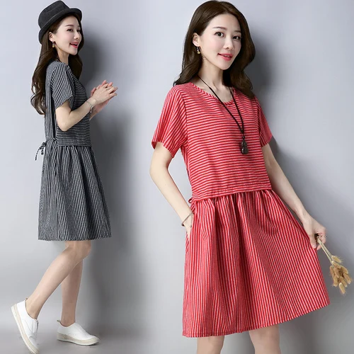 Short Sleeve Stripe Loose High Waist Cotton And Linen Black Knee-length Casual Dresses Woman O-neck A-line Vestido Woman
Short Sleeve Stripe Loose High Waist Cotton And Linen Black Knee-length Casual Dresses Woman O-neck A-line Vestido Woman