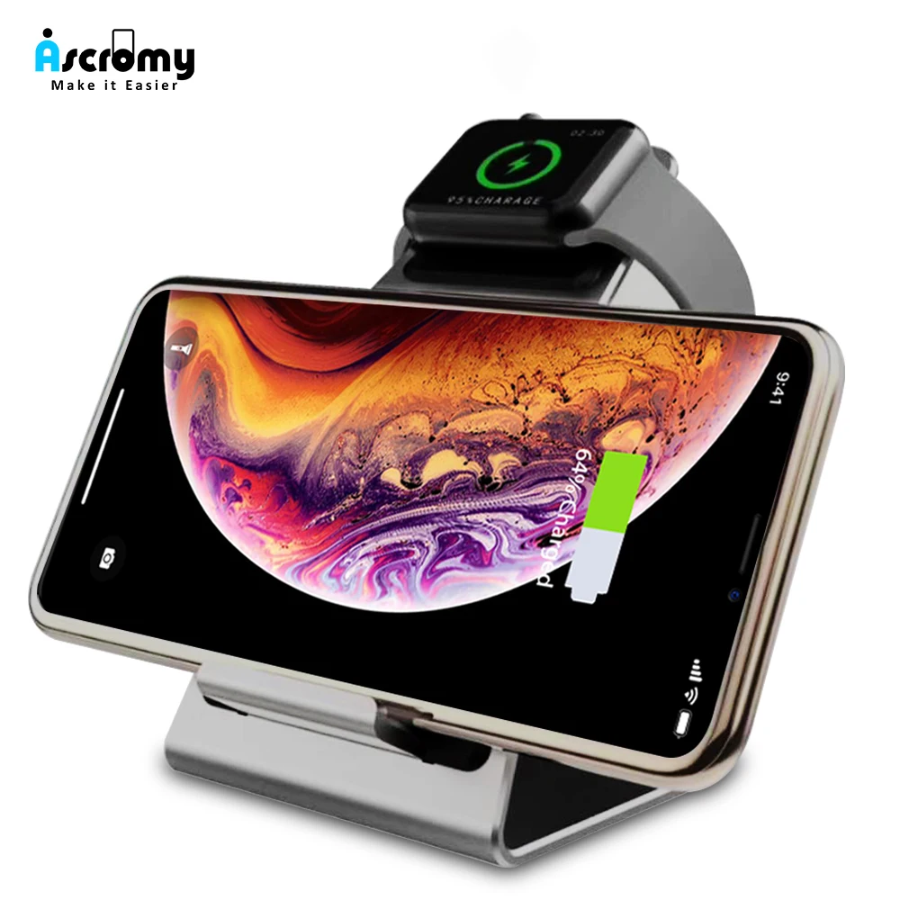 

Ascromy Wireless Qi Phone Holder Stand Dock Charger 10W For Apple Watch Series 4 3 2 Iphone XS MAX XR 8 Plus X iwatch station