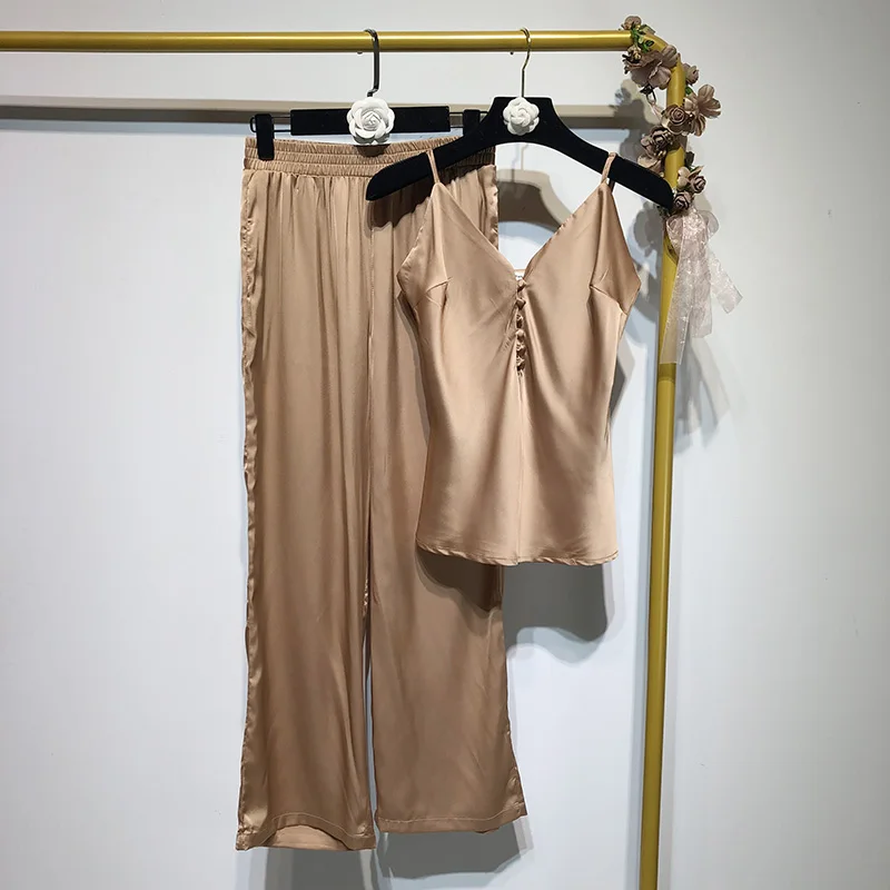 Satin silk slippery underwear suspender Vest + loose waist broad legged pants suit Summer Female 
Satin silk slippery underwear suspender Vest + loose waist broad legged pants suit Summer Female