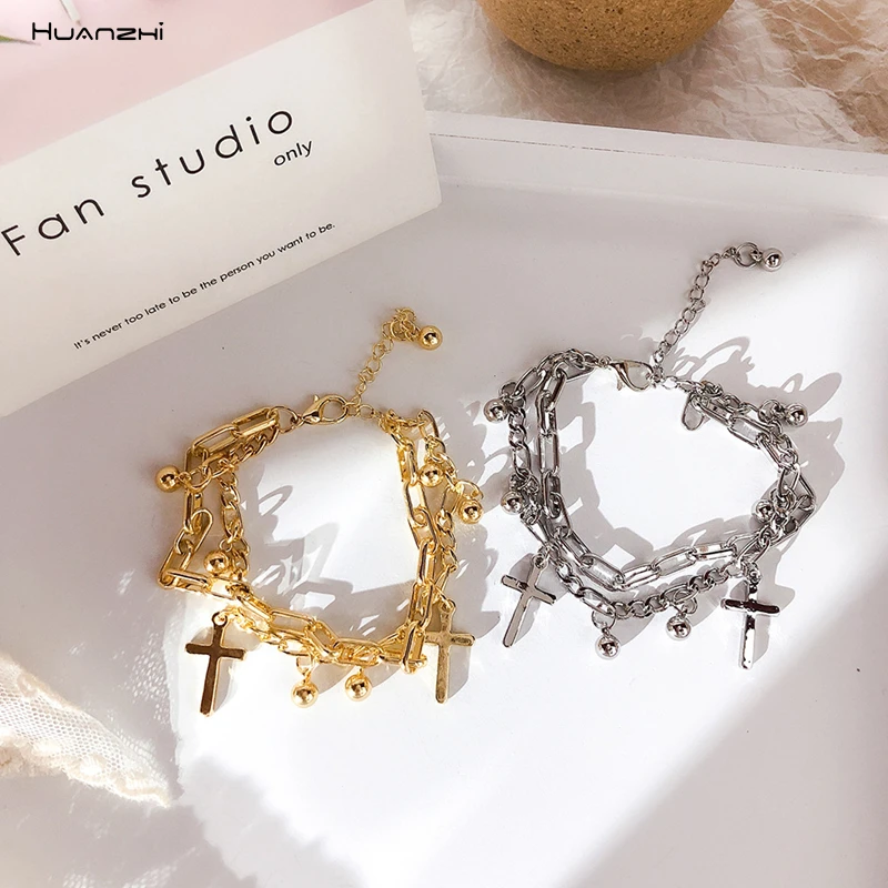 HUANZHI Korean 2019 Double-layer Cross Pendant Metal Chain Bead Metallic Bracelet Hand Punk Jewelry Bangle for Women Girls Party
HUANZHI Korean 2019 Double-layer Cross Pendant Metal Chain Bead Metallic Bracelet Hand Punk Jewelry Bangle for Women Girls Party