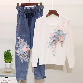 2018 Autumn Women's Sequins Embroidered Stereoscopic Flowers Long-sleeved Knitted Shirts+elastic Waist Harlan Pants Suits
2018 Autumn Women's Sequins Embroidered Stereoscopic Flowers Long-sleeved Knitted Shirts+elastic Waist Harlan Pants Suits