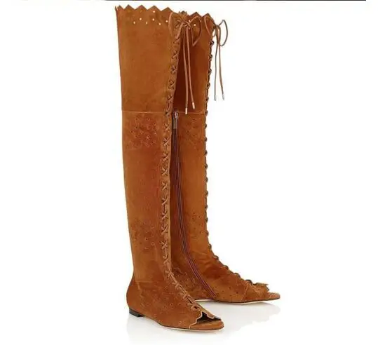Solid brown color peep toe flat boots for women spring autumn ruffles lace up over the knee high gladiator boots big size shoes
Solid brown color peep toe flat boots for women spring autumn ruffles lace up over the knee high gladiator boots big size shoes