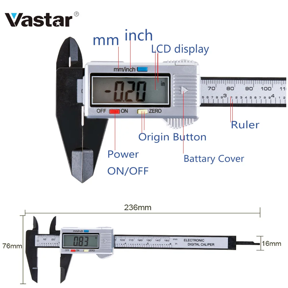Vastar 150mm 100mm 6 Inch Electronic Digital Caliper Carbon Fiber Vernier Caliper Gauge Micrometer Measuring Tool Digital Ruler
Vastar 150mm 100mm 6 Inch Electronic Digital Caliper Carbon Fiber Vernier Caliper Gauge Micrometer Measuring Tool Digital Ruler