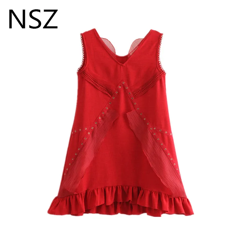 NSZ Red Lady Short Party Dress Women Sleeveless Summer Mini Dress Ruffles Hem Short Dress Solid A-Line Tank Dress High Quality
NSZ Red Lady Short Party Dress Women Sleeveless Summer Mini Dress Ruffles Hem Short Dress Solid A-Line Tank Dress High Quality