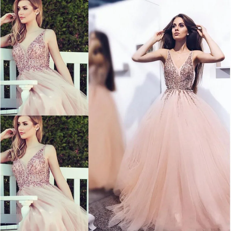 2018 Luxurious A-line Arabic Evening Dresses V-neck Tulle Satin Beaded Sequins Special Occasion Dresses Middle East Prom Dresses149